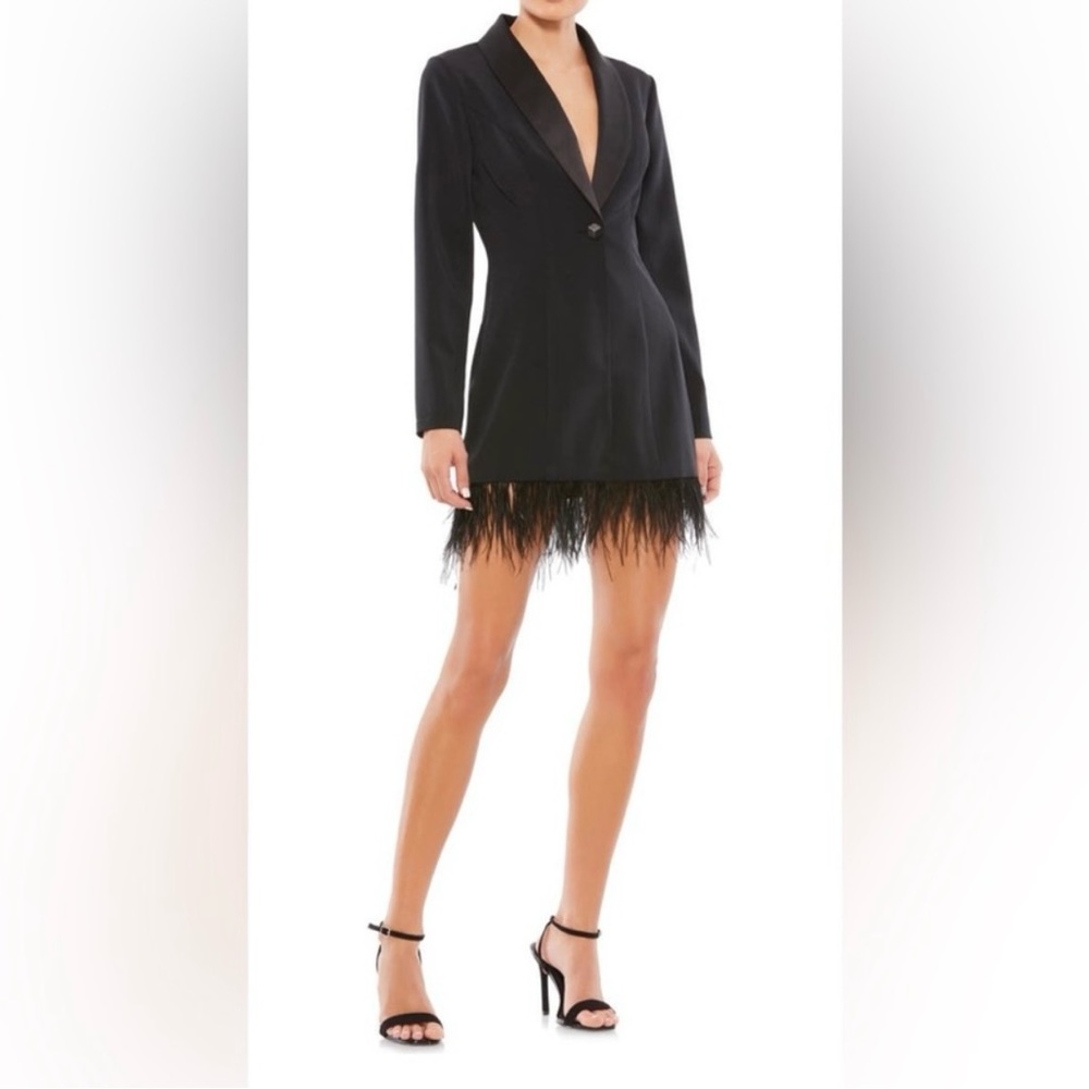 Feathered Trim Tuxedo Dress